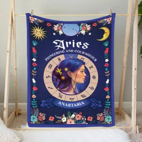 Teesdily | Aries Zodiac Sign Characteristics Customized Blanket Pioneering And Courageous Sherpa Fleece Horoscope Design Astrology Gift Birthday