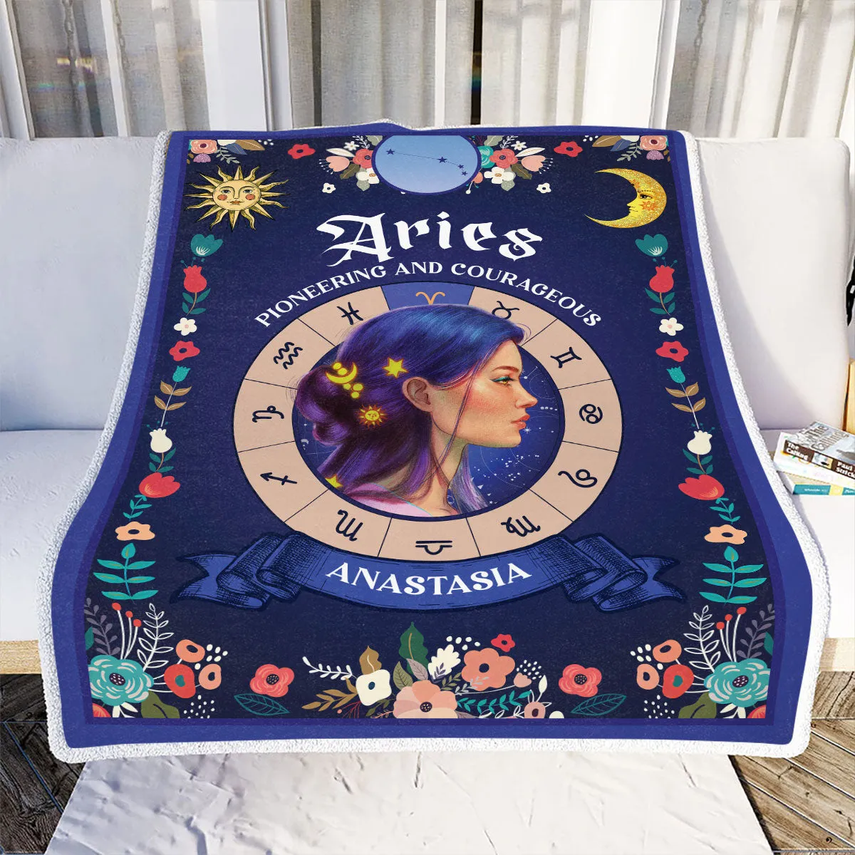 Teesdily | Aries Zodiac Sign Characteristics Customized Blanket Pioneering And Courageous Sherpa Fleece Horoscope Design Astrology Gift Birthday