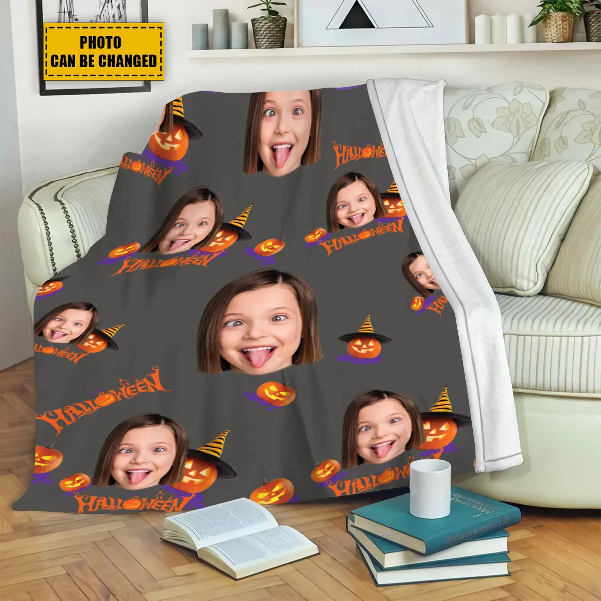 Teesdily | Halloween Pumpkin Personalized Fleece Blanket With Face Funny Halloween Custom Photo Fleece Throw Blanket Halloween Gift For Kids