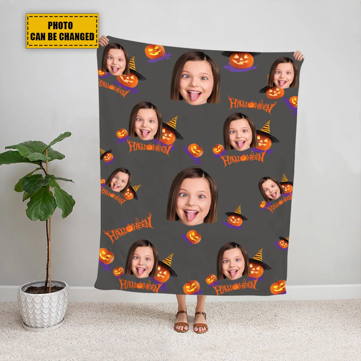 Teesdily | Halloween Pumpkin Personalized Fleece Blanket With Face Funny Halloween Custom Photo Fleece Throw Blanket Halloween Gift For Kids