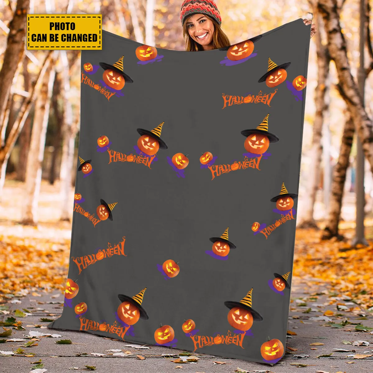 Teesdily | Halloween Pumpkin Personalized Fleece Blanket With Face Funny Halloween Custom Photo Fleece Throw Blanket Halloween Gift For Kids