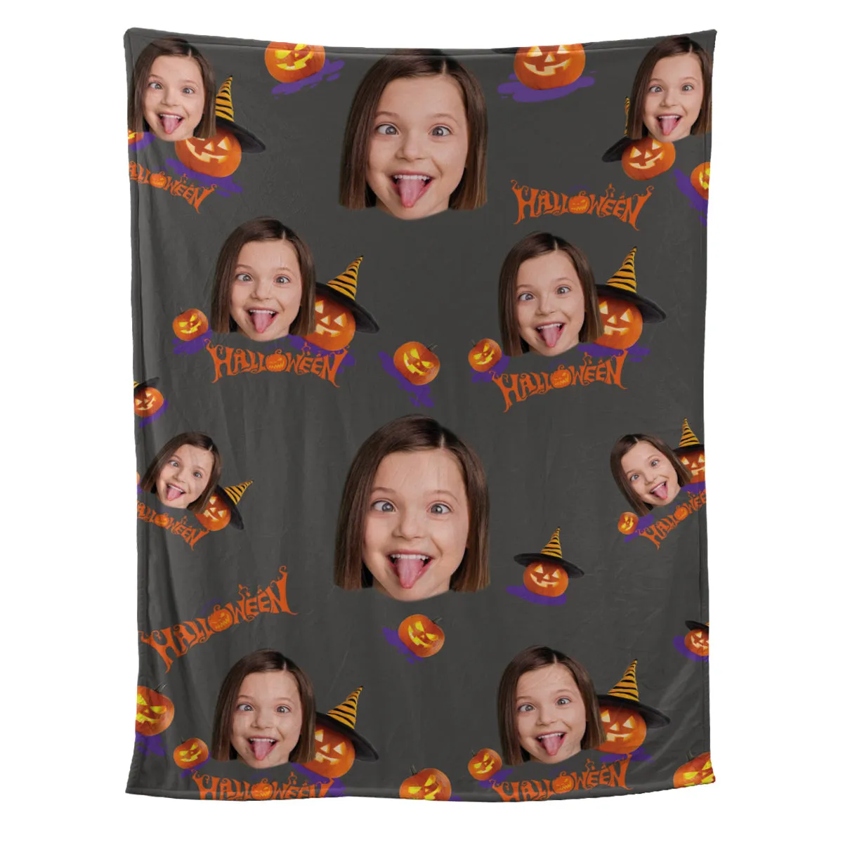 Teesdily | Halloween Pumpkin Personalized Fleece Blanket With Face Funny Halloween Custom Photo Fleece Throw Blanket Halloween Gift For Kids