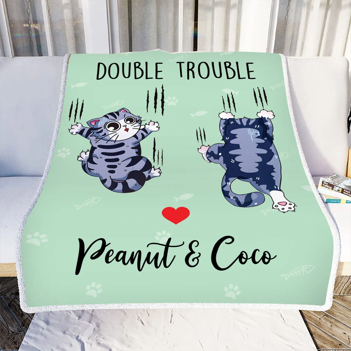 Teesdily | Personalized Naughty Cat Fleece Blanket, Cat Kitten Customize Blanket, Cat Double Trouble Funny Sofa Blanket, Cat Mom Dad Pet'S Day Gifts