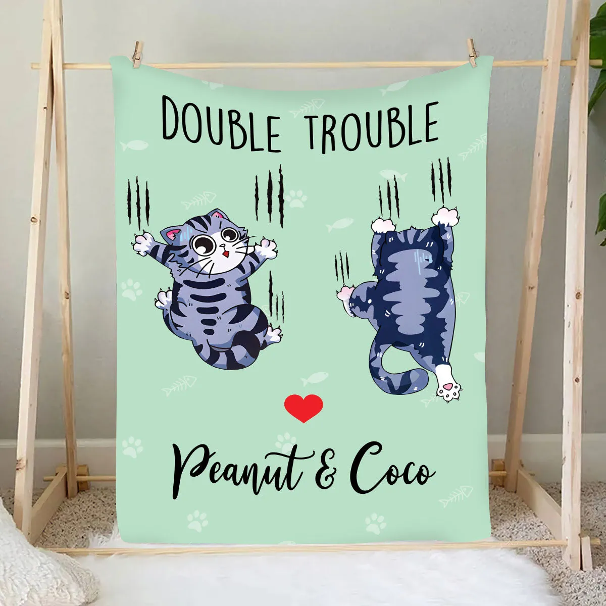 Teesdily | Personalized Naughty Cat Fleece Blanket, Cat Kitten Customize Blanket, Cat Double Trouble Funny Sofa Blanket, Cat Mom Dad Pet'S Day Gifts