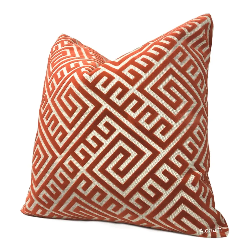 Thebes Orange Beige Greek Key Velvet Pillow Cover (BACKORDER)