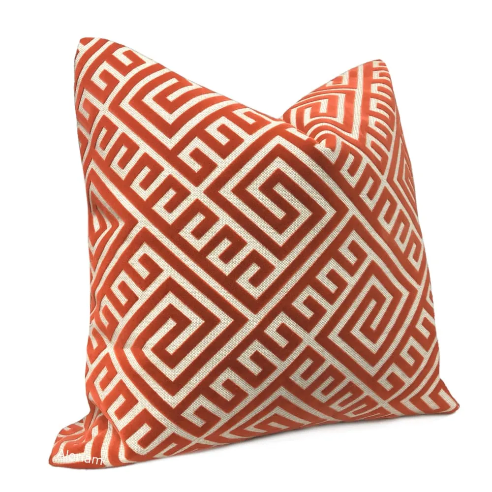 Thebes Orange Beige Greek Key Velvet Pillow Cover (BACKORDER)