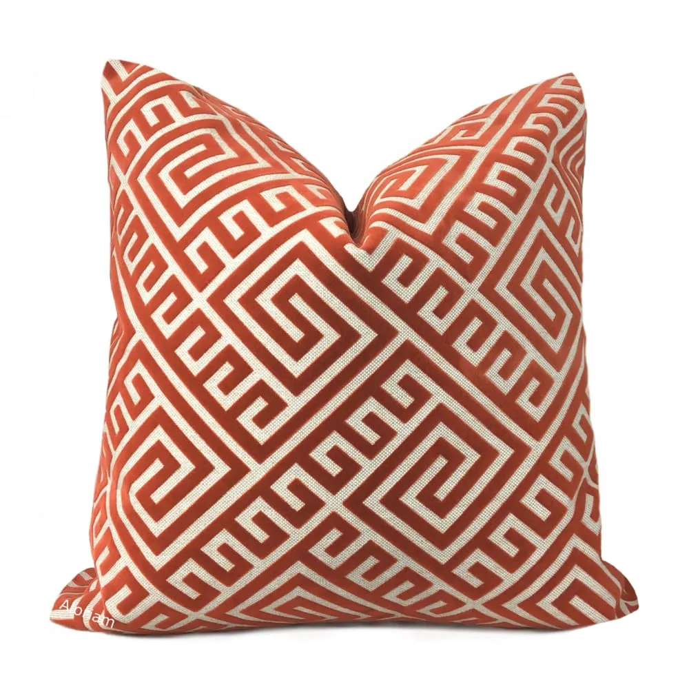 Thebes Orange Beige Greek Key Velvet Pillow Cover (BACKORDER)