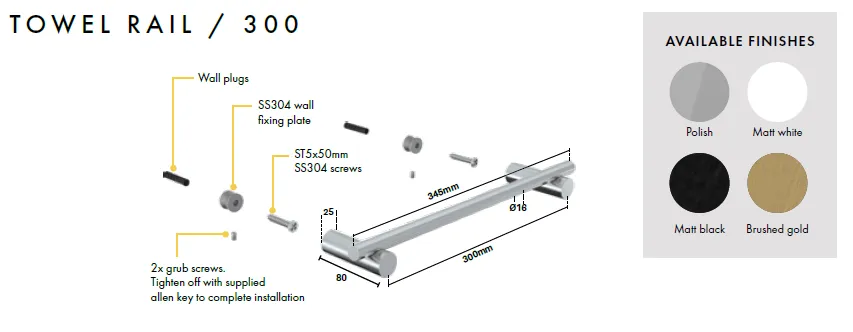 Towel Rail, 900mm, 600mm, 300mm , Stainless Steel, Choose Finish