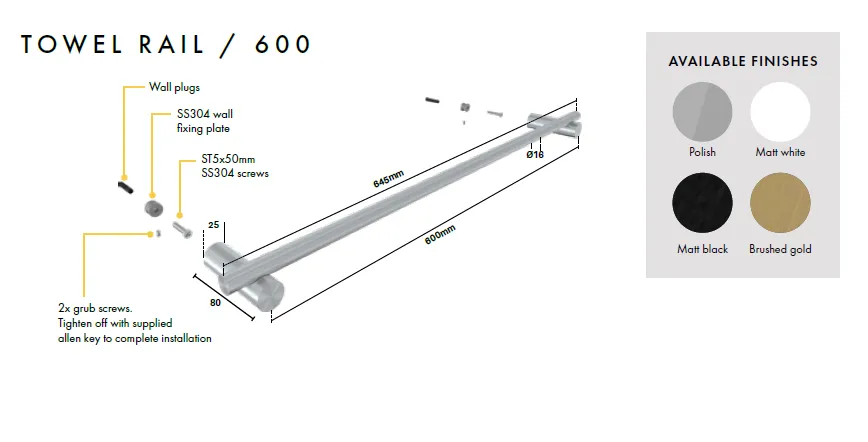 Towel Rail, 900mm, 600mm, 300mm , Stainless Steel, Choose Finish