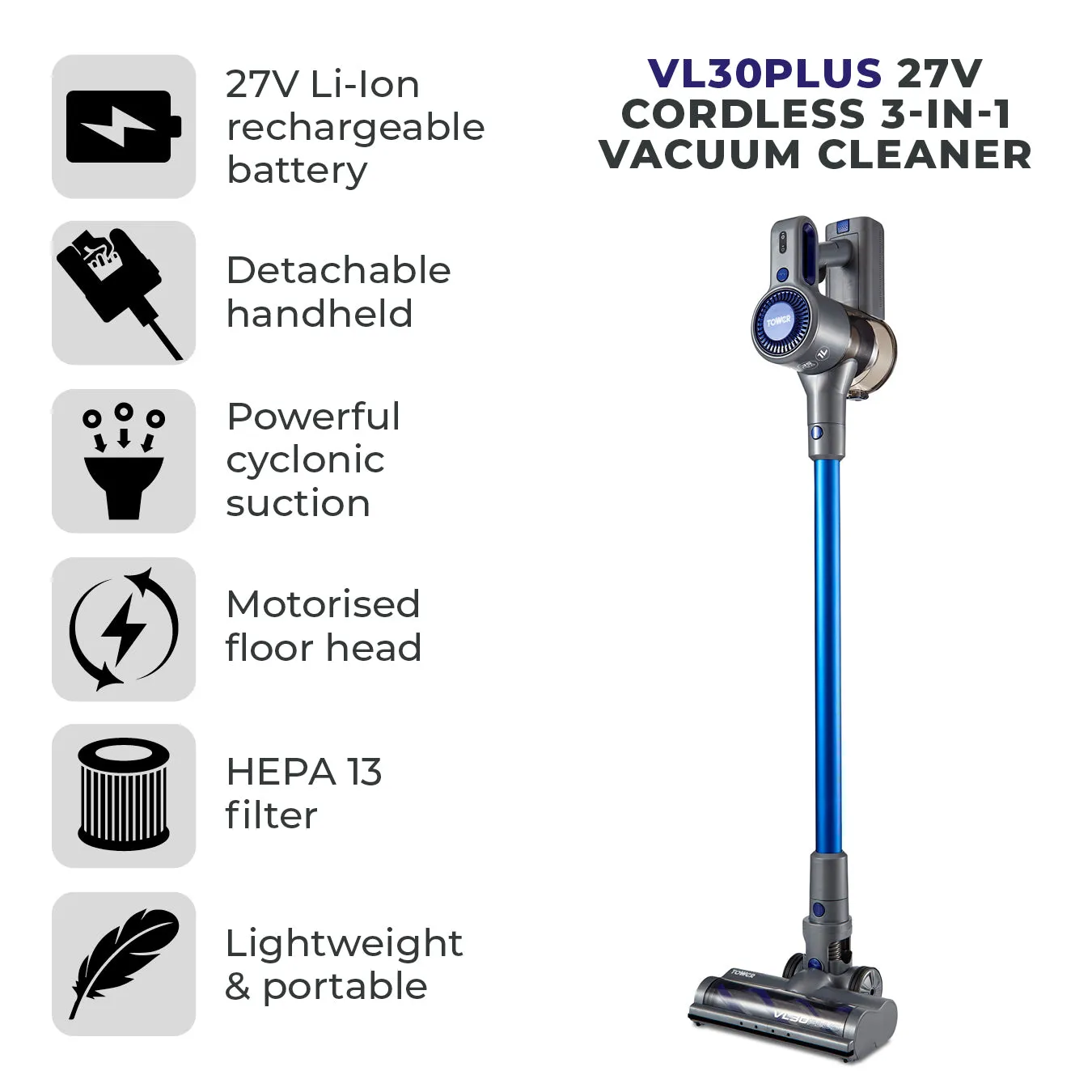 Tower VL30 Plus 22.2V Cordless 3-IN-1 DC Vacuum Cleaner - Blue