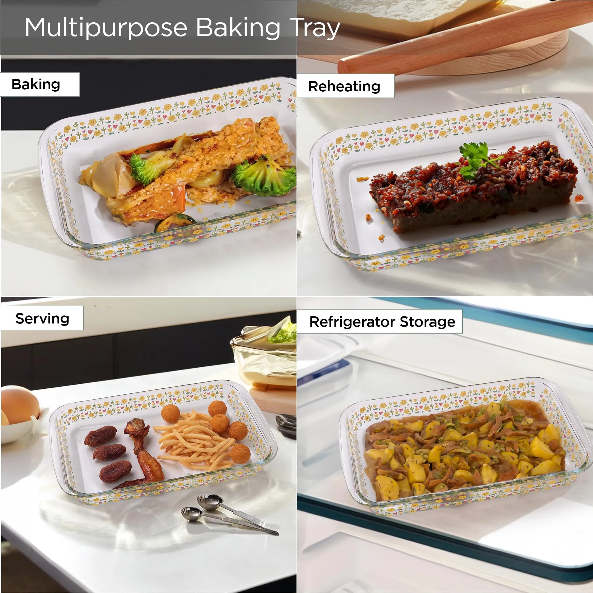 UMAI Borosilicate Printed Glass Baking Tray (1.6L) | Transparent Microwave Oven Safe Utensils | Rectangular Bread Moulds for Baking | Dishwasher & Freezer Safe | Multipurpose use Serving Tray