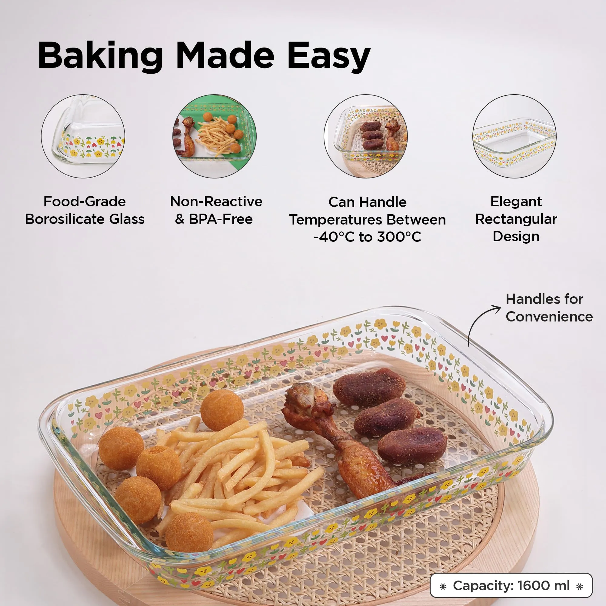 UMAI Borosilicate Printed Glass Baking Tray (1.6L) | Transparent Microwave Oven Safe Utensils | Rectangular Bread Moulds for Baking | Dishwasher & Freezer Safe | Multipurpose use Serving Tray