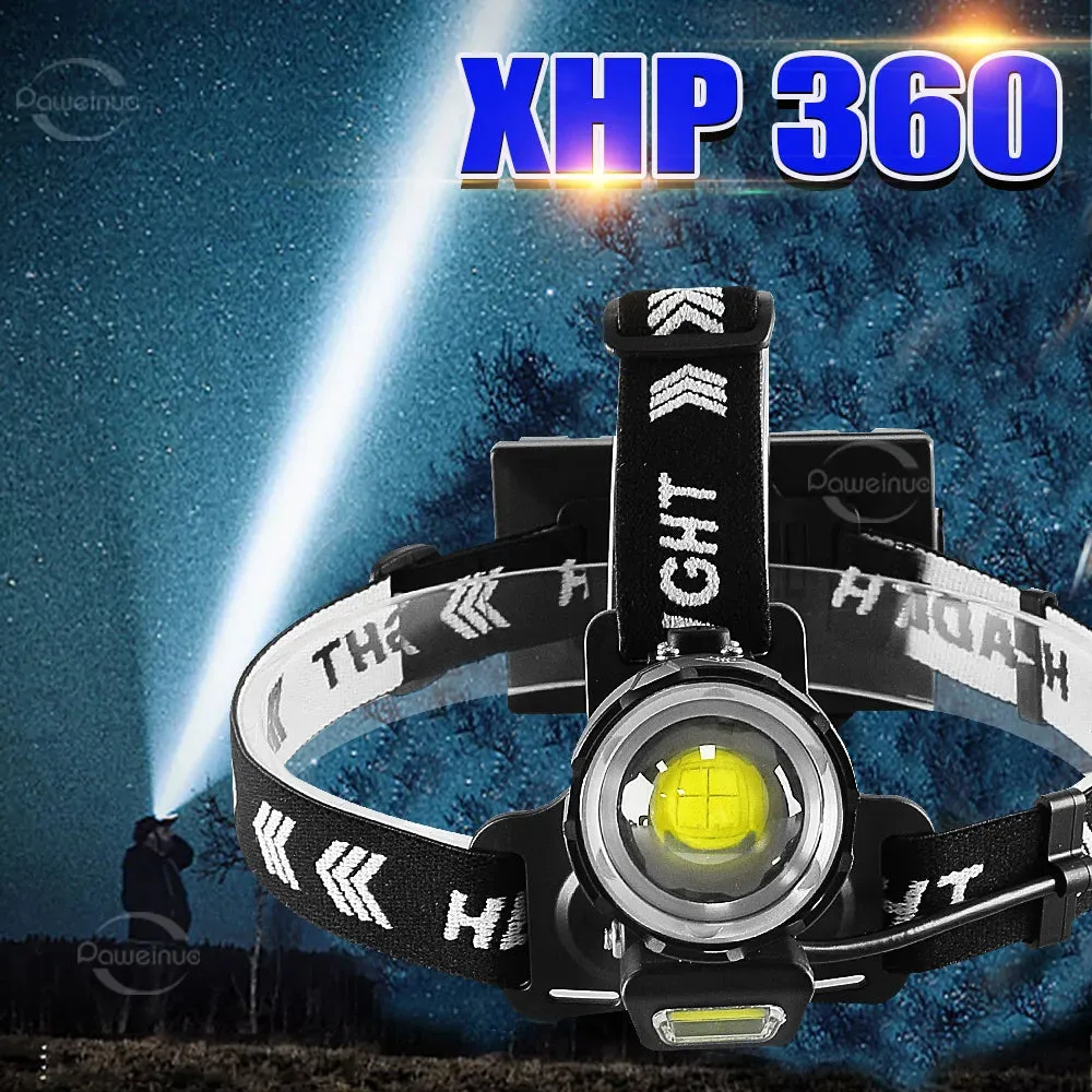 Upgraded LED Headlamp XHP360 COB Headlight Fishing Head Flashlight USB Rechargeable Head Lamp Light Hunting Head Lantern 18650