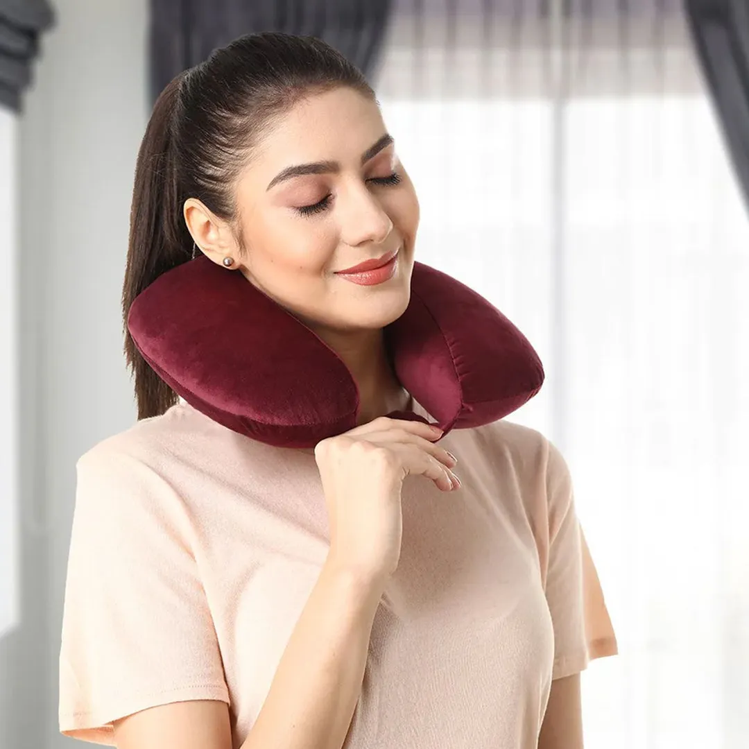 Velvet Neck Rest Pillow / Travel Pillow For Comfort & Support (Maroon)