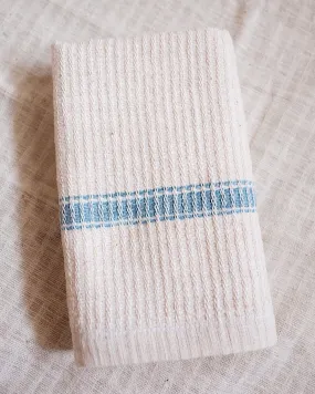 White Handwoven Organic Cotton Hand Towel with Pale Blue Stripe