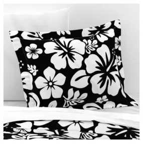 White Hawaiian Hibiscus Flowers on Black Pillow Sham