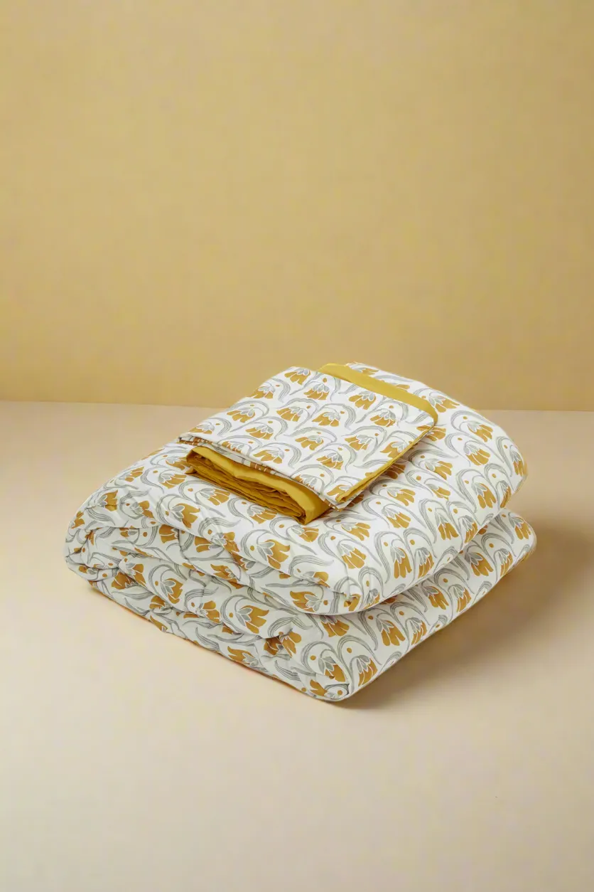 Yellow 3 Piece Floral Printed Comforter Set (Single Size)