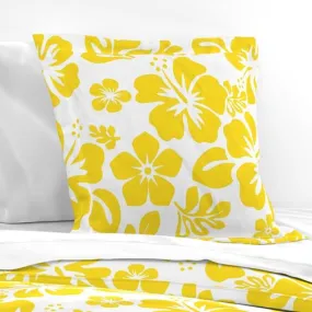 Yellow Hawaiian Hibiscus Flowers on White Euro Pillow Sham